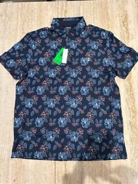 NEW 🆕 IZOD Golf Navy Floral Short-Sleeve Polo with Blue&Burgundy Flowers size M